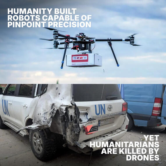 A side by side image of a drone vaccine delivery and a damaged UN vehicle